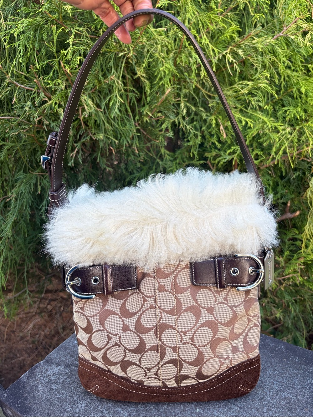 Coach Signature Shearling Trim Crossbody Swing Pack Brown Khaki